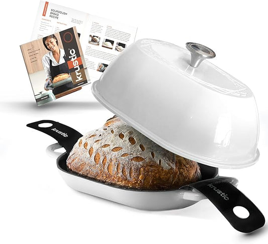 Enameled Cast Iron Dutch Oven for Professional Sourdough Bread Baking | 5.5 Quart Loaf Size Oval Cookware Pot with Lid | Triple-Layer Enamel Coating Pan with Non Stick Silicone Mat | White