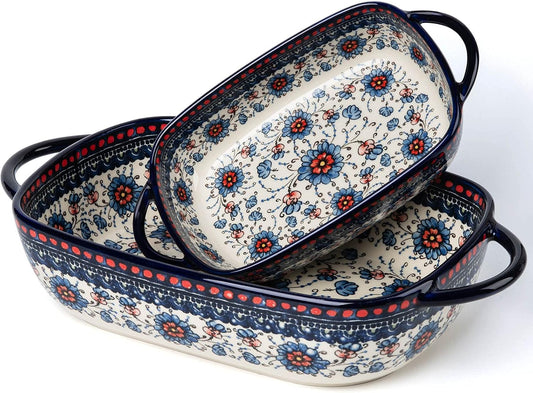 Baking Dish Ceramic Baking Pan Blue Casserole Dish Rectangular Baking Set 2pcs Bakeware Sets Lasagna Pan Baking Dishes for oven (Blue plasma grass)