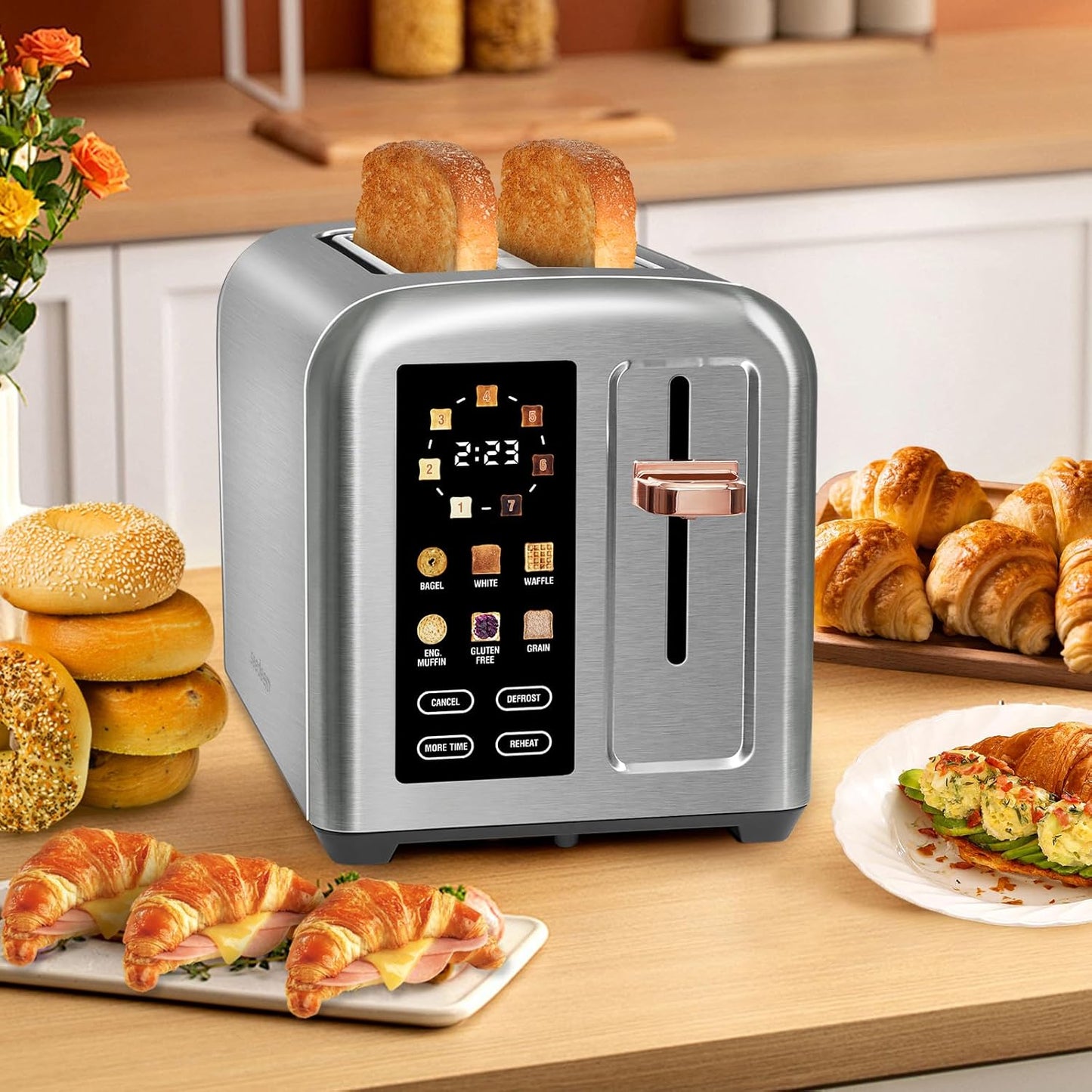 SEEDEEM Toaster 2 Slice, Touch Control Stainless Toaster LCD Display, 50% Faster Heating Speed, 1.4'' Wide Slots, More Timer Functions, Removable Crumb Tray, 1350W, Silver White
