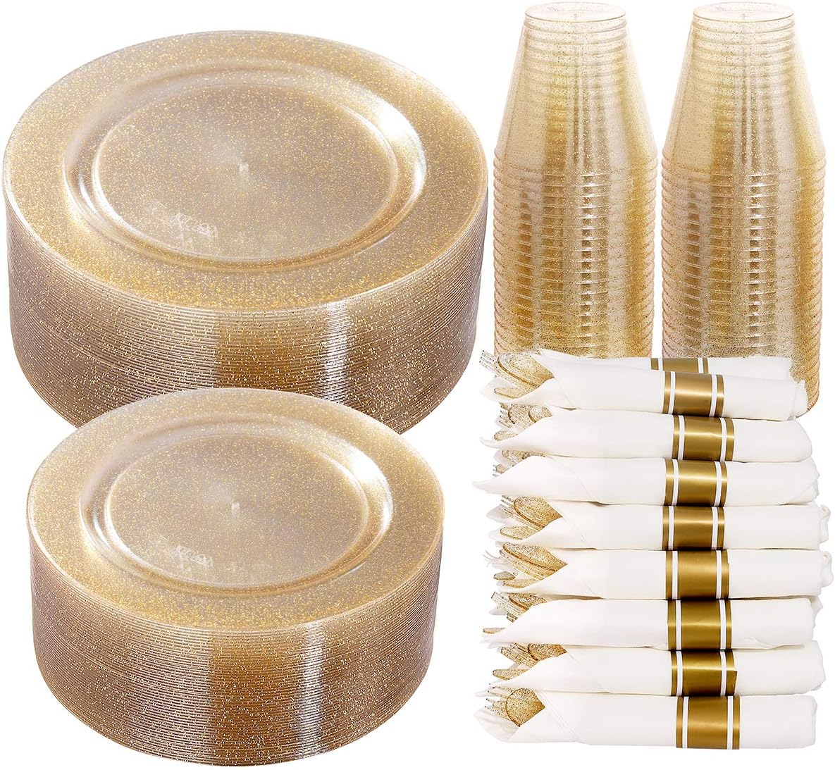 DaYammi 350 Pieces Gold Glitter Dinnerware Set 50 Guest for Party Thanksgiving Plates Disposable - 50 Dinner Plates, 50 Dessert Platos -50 Per Rolled Napkins with Gold Cutlery -50 Disposable Cups 9 OZ