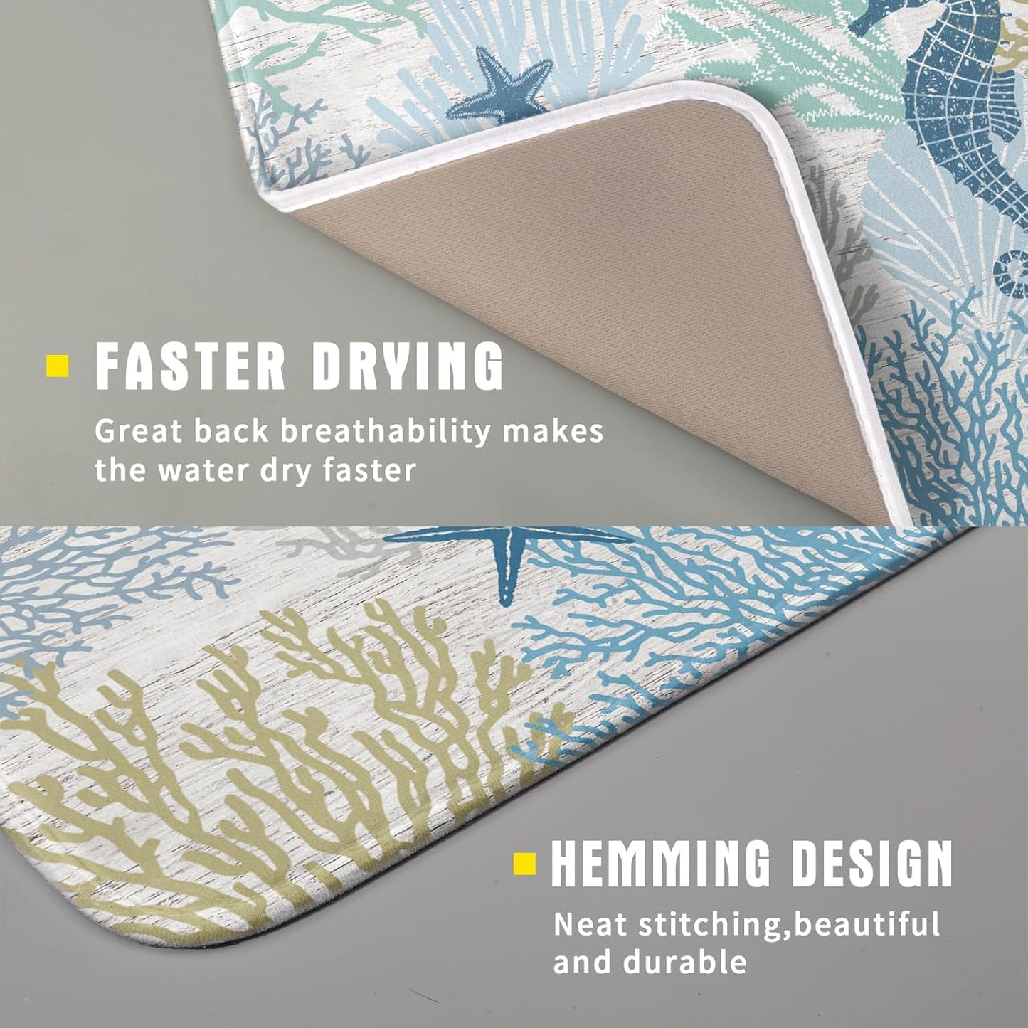 Blue Coral Dish Drying Mat Coastal Starfish Dishes Pad Hanging Drainer Mats Reversible Absorbent Kitchen Counter Protector 16x18 Inch