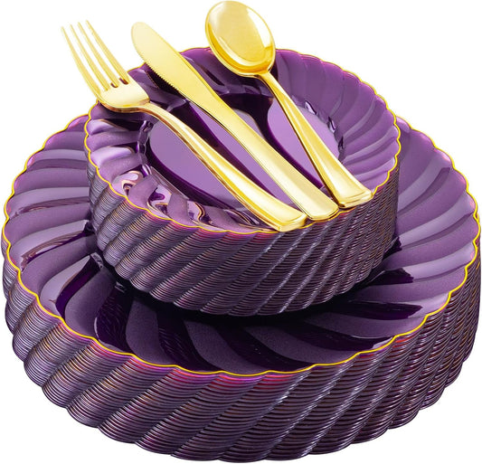 YOUBET 125PCS Purple Plastic Dinnerware Set - Gold and Clear Purple Disposable Plates Include 50 Plastic Plates 75 Silverwares for Wedding Birthday Parties