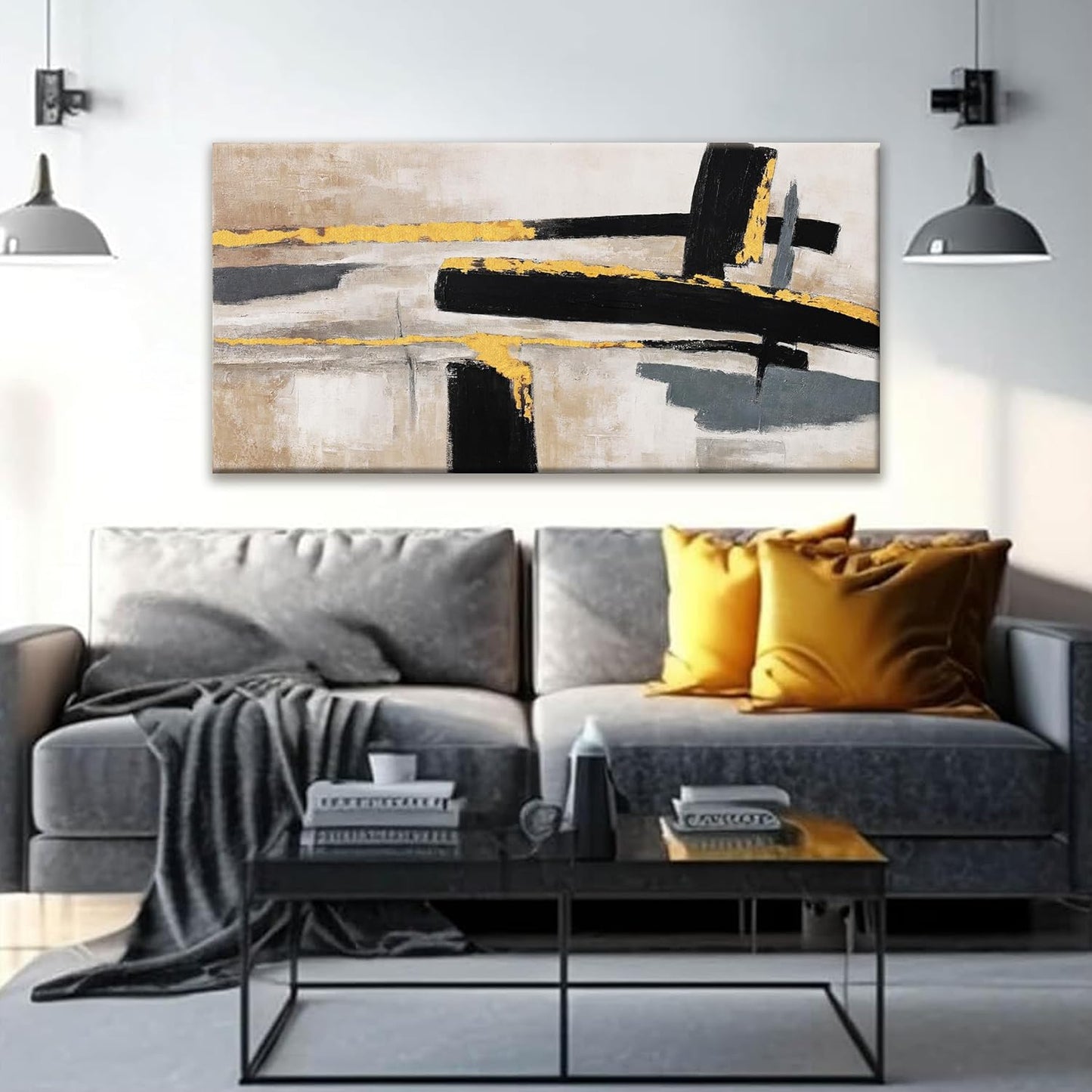 QSQ Abstract Wall Art Canvas Wall Art Decor Black And Gold Wall Art Paintings Abstract Wall Decor Artwork For Living Room Bedroom Bathroom Office Home Wall Decor Can Be Hung Directly 24" X 48"