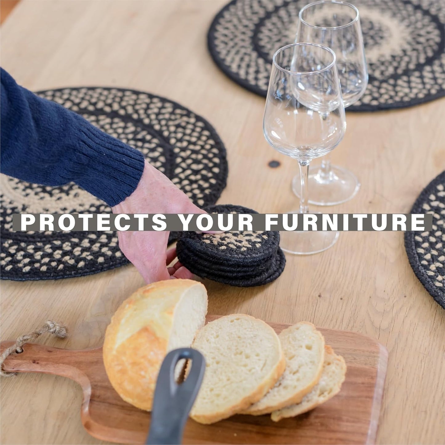 Homespice Manchester Jute Braided Trivets for Table, Country Primitive Decor, Set of 3, Black and Tan 8" Round Heat Resistant Mats - Rich Colors, Easy to Clean, Durable and Protects Furniture