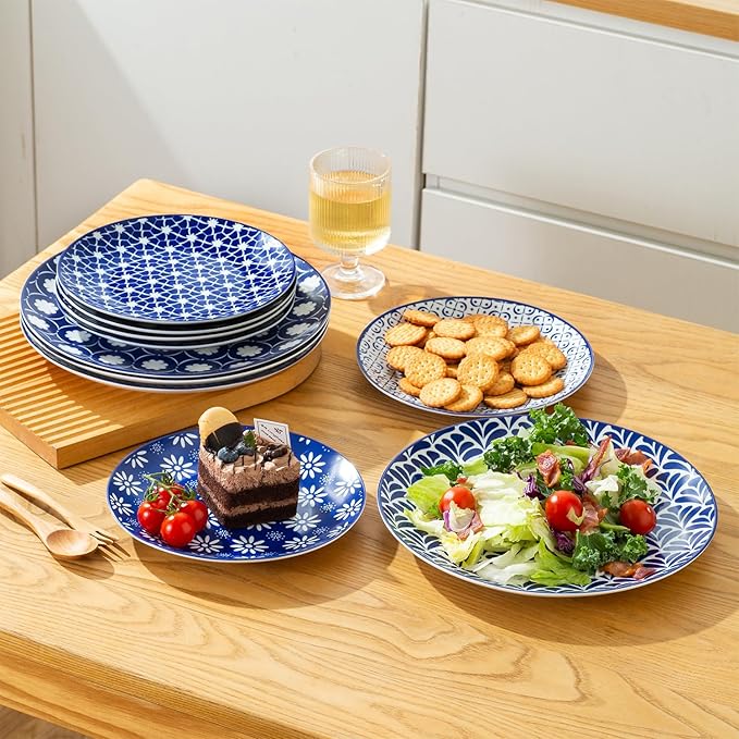 AntoKueh Porcelain Dinner Plates Set of 6, 8 Inch Ceramic Plates - Blue and White Vintage Design for Salad, Pasta, Steak - Scratch, Chip Resistant, Dishwasher & Microwave Safe