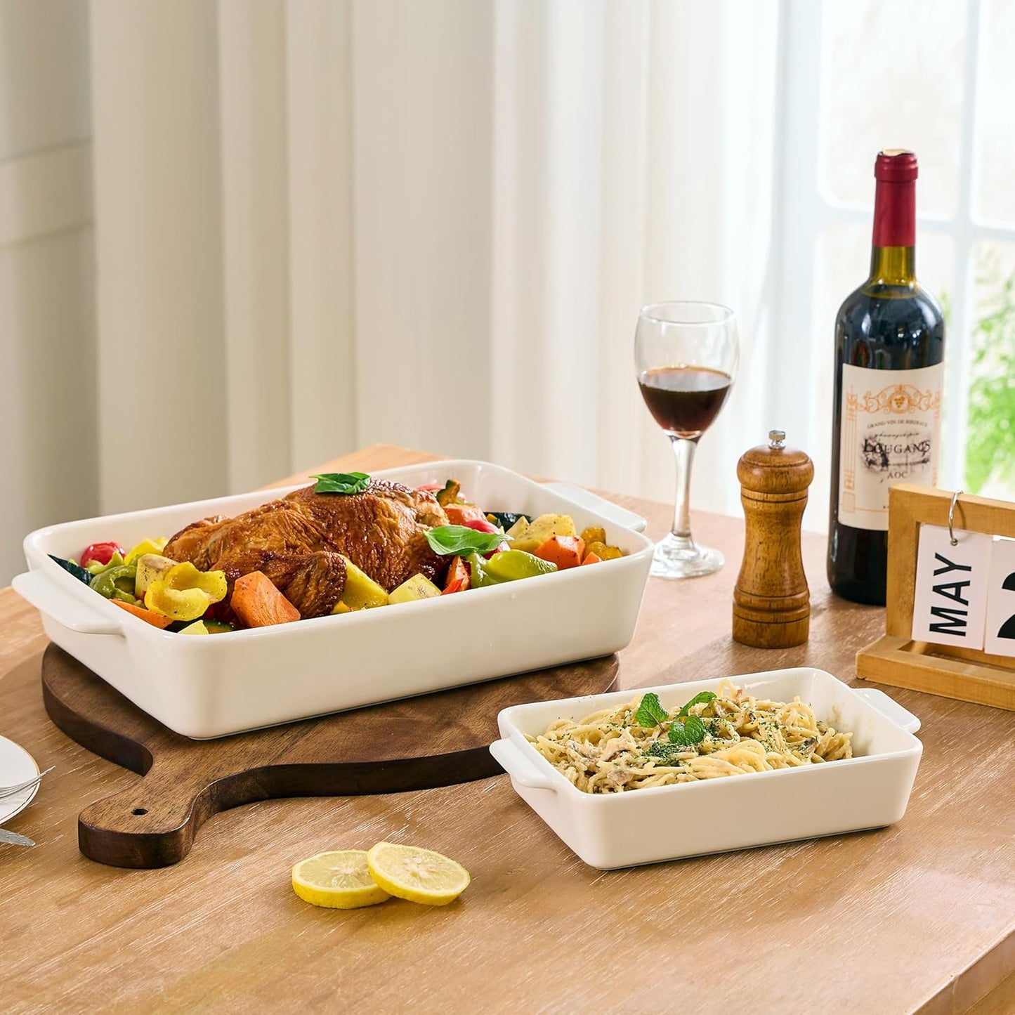 Ceramic Bakeware Set, 13"/10"/7.6" Rectangular Porcelain Baking Dishes for Kitchen, Lasagna Pans with Handle for Cooking, Baking Pan Deep Casserole Dishes for Baking, Set of 3 White