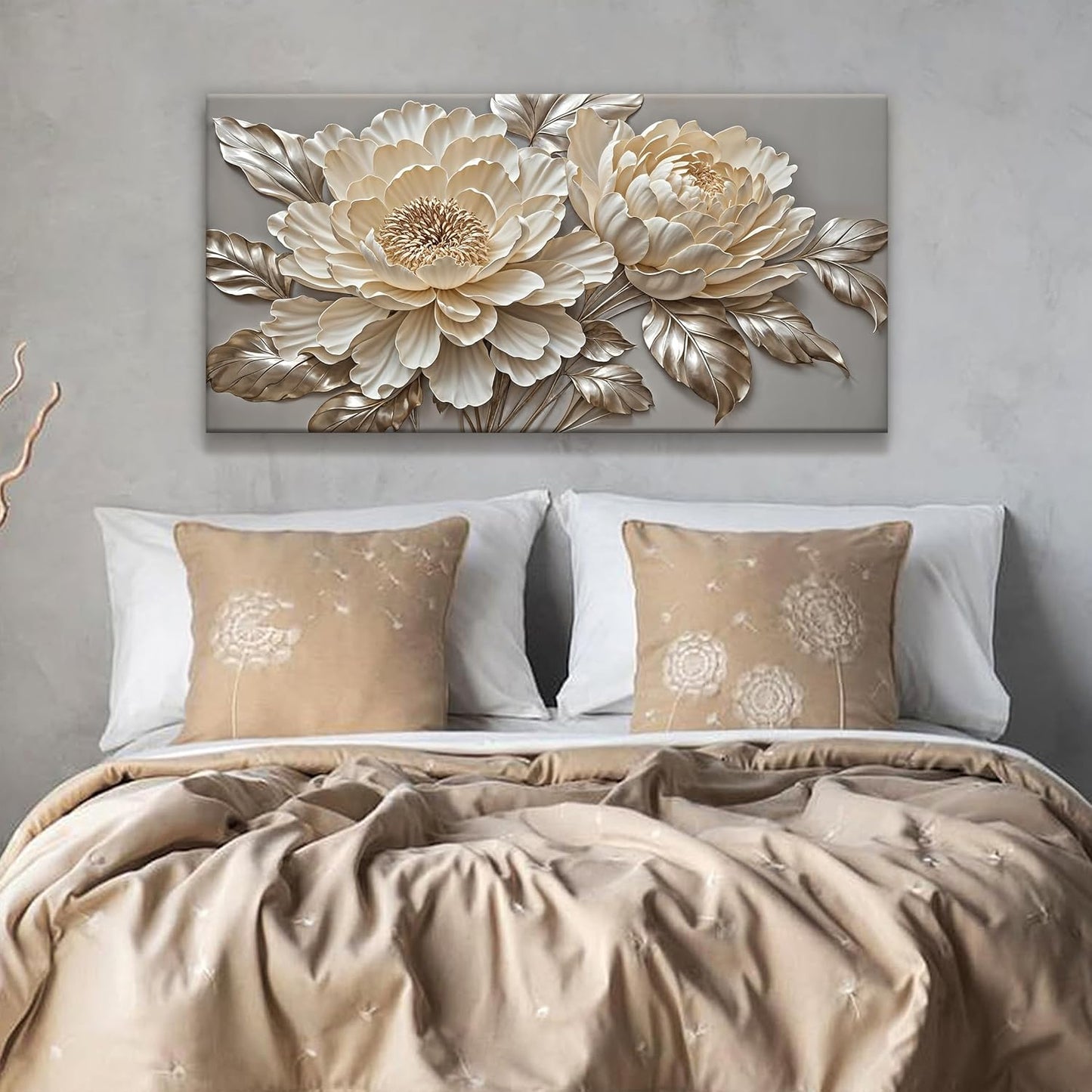 Tsomzxng Modern Wall Art White Wall Art Minimalist Elegance Canvas Art Wall Decor Painting Artwork White Flower Wall Decor Prints Pictures For Bedroom Office Home Decoration 20" X 40"