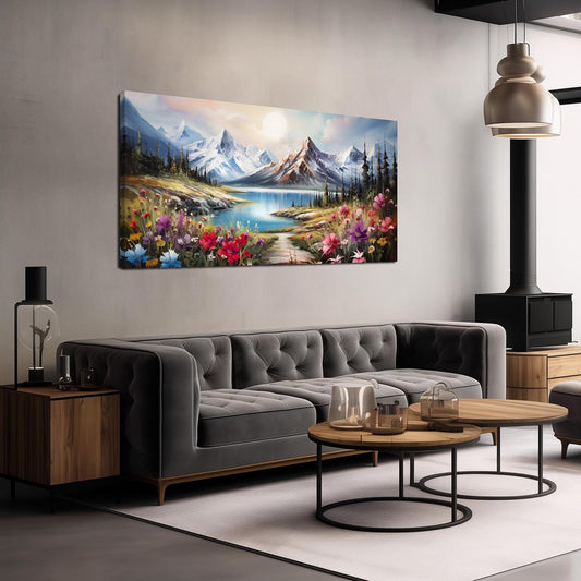 Large Canvas Wall Art for Living Room Farmhouse Decor Pictures Mountain River Landscape Wall Art Decor Prints Countryside Meadow Wildflower Artwork Canvas Painting Wall Decor for Bedroom 24x48 IN