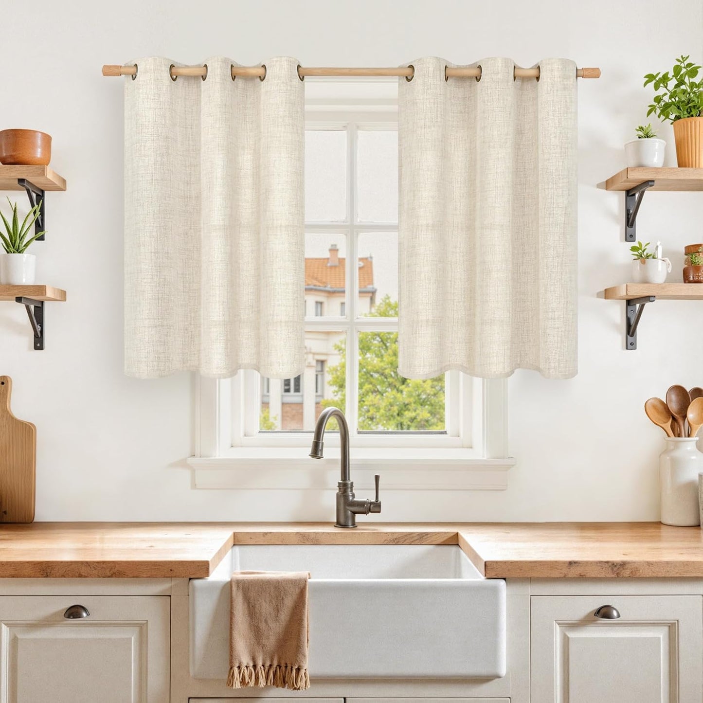 YoungsTex Linen Cafe Curtains 36 Inch Length with Bronze Grommet, Short Drapes Light Filtering Semi Sheer Privacy for Kitchen Bathroom Decorative, 42 x 36 Inch, 2 Panels