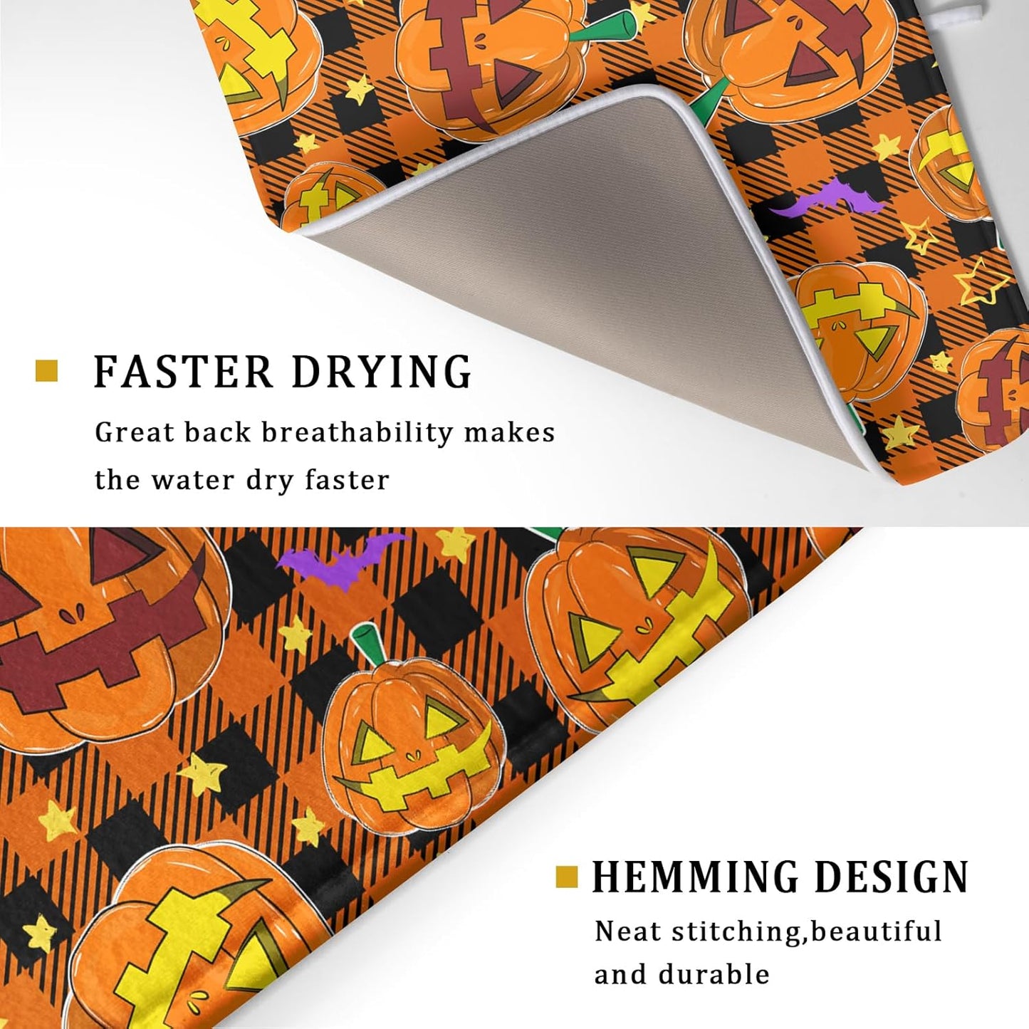 Giwawa Halloween Dish Drying Mat, 18"x24" Spooky Pumpkins Bats Orange Black Buffalo Plaids Dish Drainer Mats, Large Absorbent Fast Drying Dish Drying Pad for Kitchen Countertop Holiday Decor