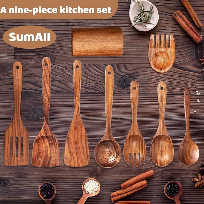 9 PCs Teak Wooden Utensil Set with Hooks, Wooden Spoons for Cooking, Wood Cooking Utensils Set, Comfort Grip, Non Stick Cookware, Easy to Clean, Kitchen Stuff, Wood Spatula
