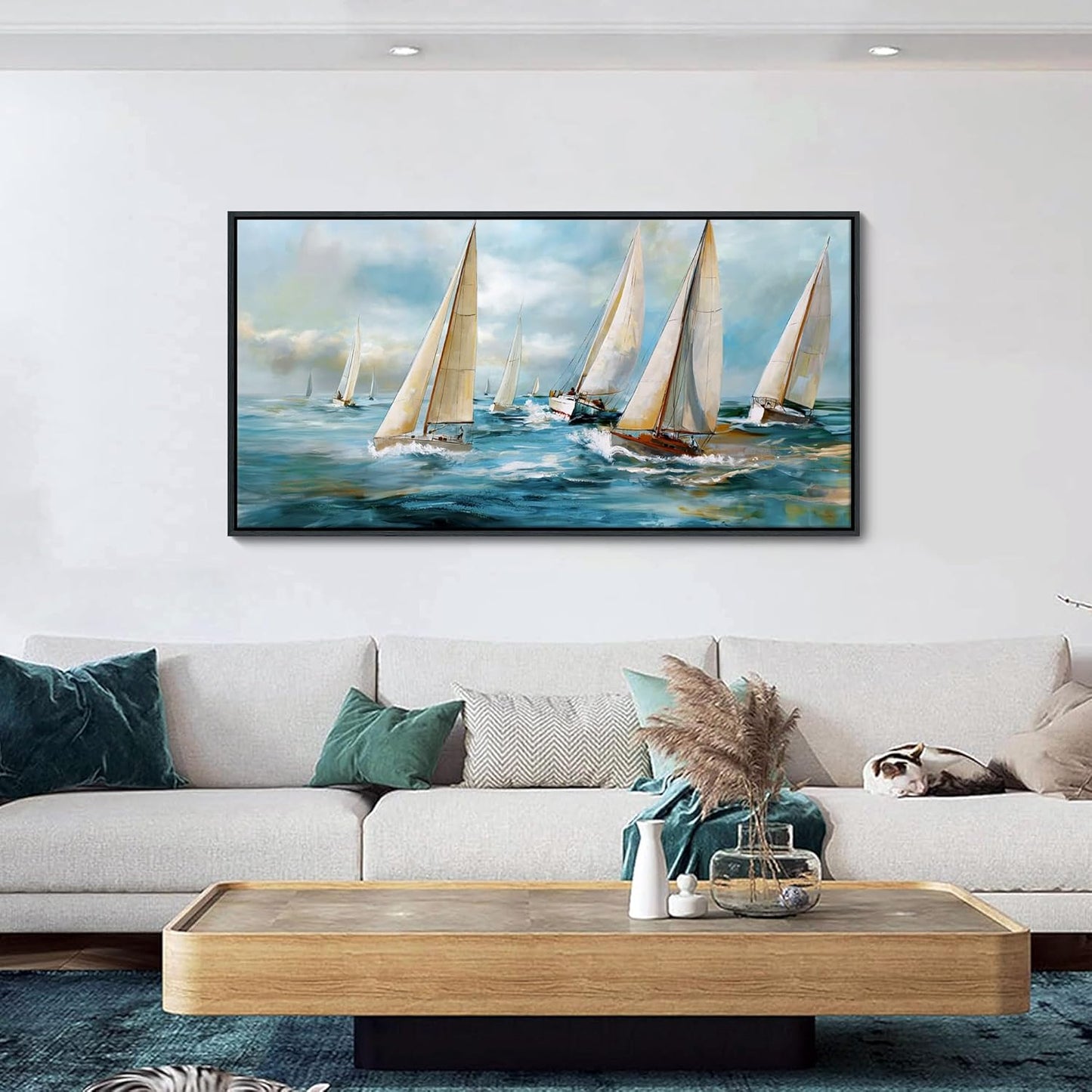 YDYSUNE Sailboat Wall Art - Blue Canvas Retro Painting Textured Picture Artwork Vintage Nautical Large Painting Coastal Modern Print Frame for Living Room Bedroom Home Decoration 24x48inch