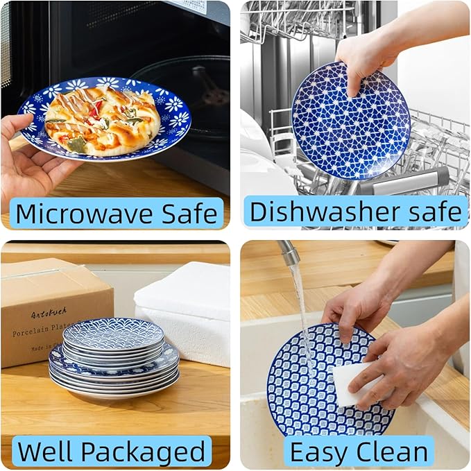 AntoKueh Porcelain Dinner Plates Set of 6, 10.5 Inch Large Ceramic Plates - Blue and White Vintage Design for Salad, Pasta, Steak - Scratch, Chip Resistant, Dishwasher & Microwave Safe