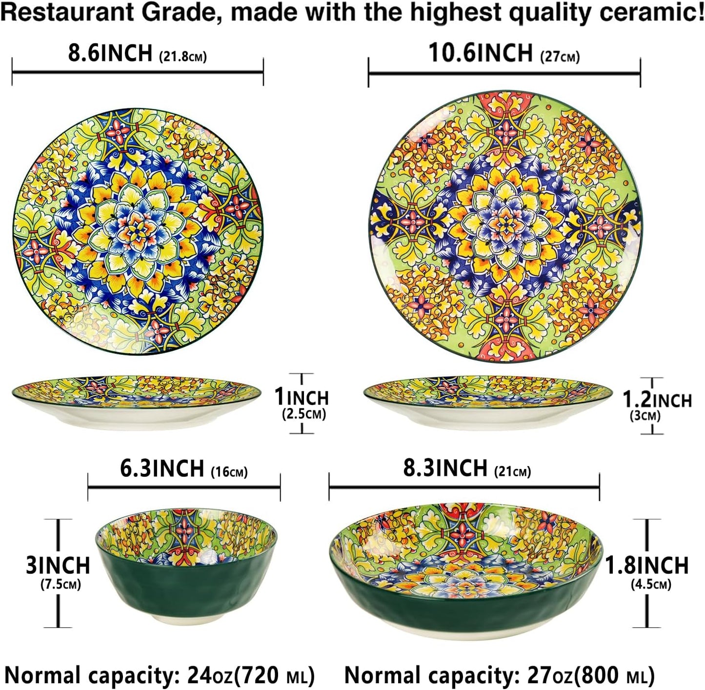 Mandala Dinnerware Sets, Plates and Bowls Set, Porcelain Dishes Service for 4, Zanzibar, Bohemian Style Dining Ware, for Kitchen and Dining Multicolor Dinnerware Set, Green 16 pieces