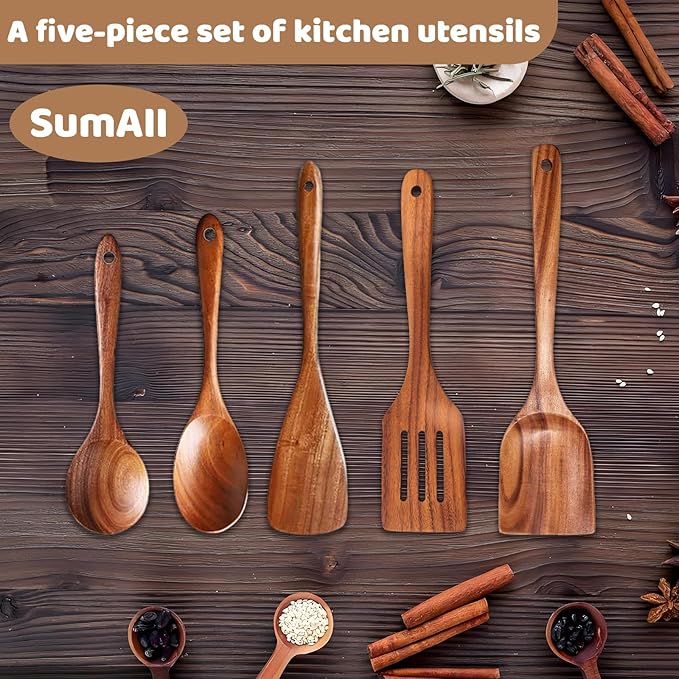 5 PCs Teak Wooden Utensil Set with Hooks, Wooden Spoons for Cooking, Wood Cooking Utensils Set, Comfort Grip, Non Stick Cookware, Easy to Clean, Kitchen Stuff, Wood Spatula