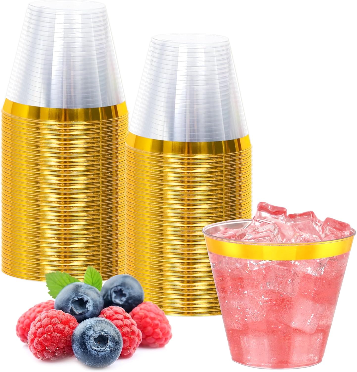 50 Pcs Gold Plastic Cups,9Oz Gold Rimmed Plastic Cups,Heavy Duty Gold Rim Clear Disposable Plasitc Cocktail Tumblers Wine Cup for Party,Wedding,Birthday,Christmas