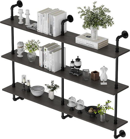 3-Tier Industrial Pipe Floating Shelf – Rustic 48 inch Wood Wall-Mounted Storage Shelf for Kitchen Office,Bathroom & Home Decor -Black