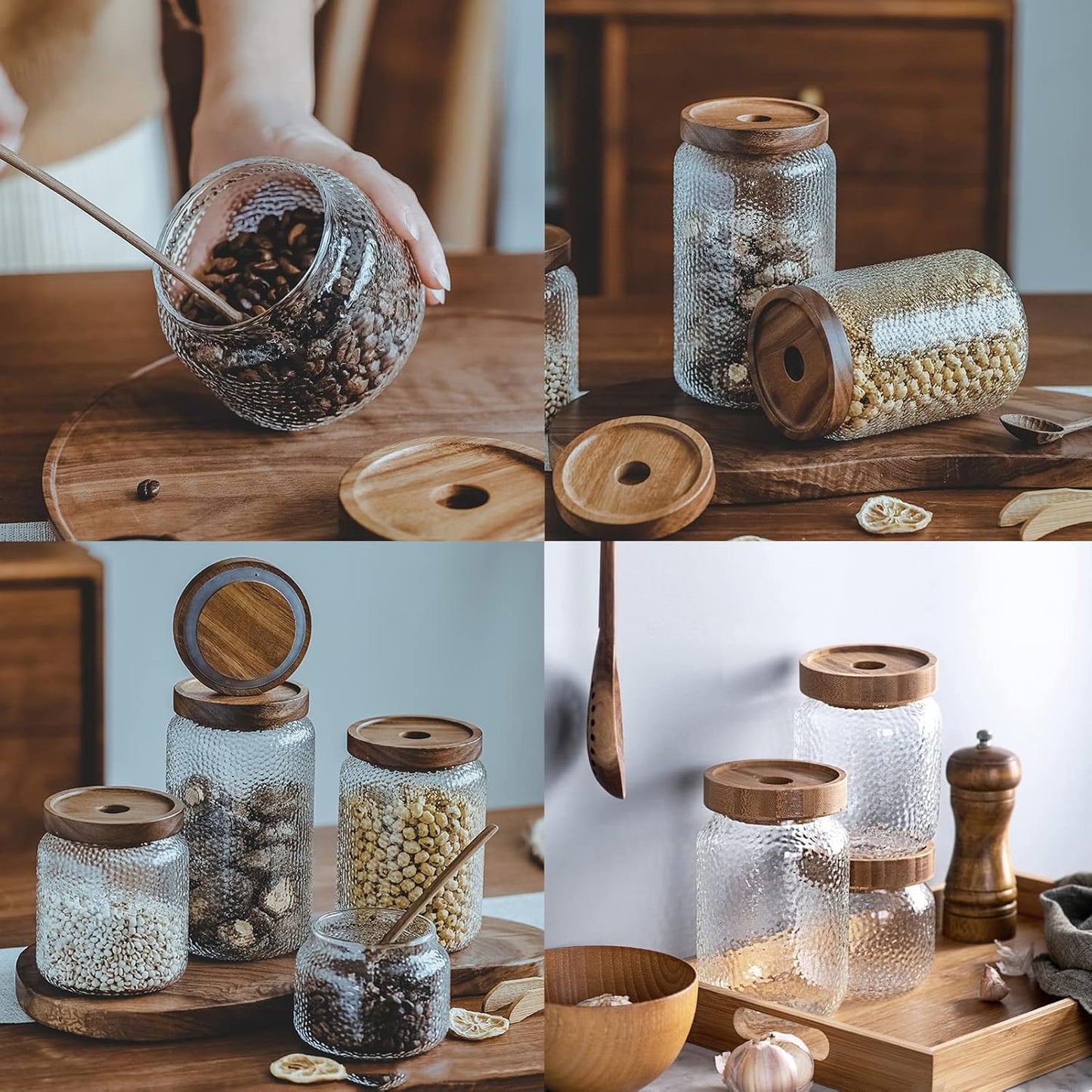Viovian Glass Storage Jars With Wooden Lids 34 oz Anti-Slip Coffee Sugar Container Decorative Glass Canister Jar for Food Coffee Bean Candy Cookie 1000ml