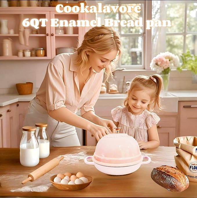 Dutch Oven for Bread Baking,6 Quart Enamel Bread Oven for Sourdough,10.5"Bread Oven with Lid,Bread Pans for Homemade Bread,Pink Thick Enamel Bread Pan-with Silicone Baking Mat&Recipe,Gifts for Family