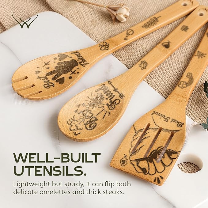 Wooden Spoons for Cooking - 6-Piece Wooden Utensil Set with Spatulas & Spoons, Heat-Resistant, Eco-Friendly Kitchen Utensils for Non-Stick Cookware (Best Friend)