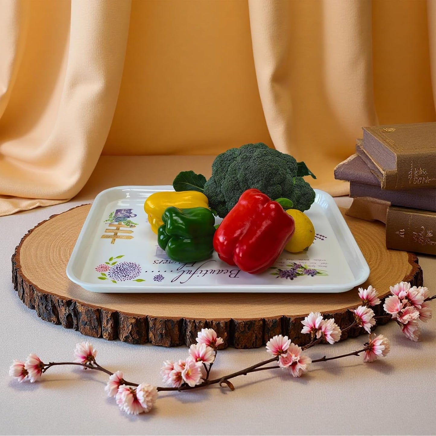 Large Serving Platter Melamine Trays 2 Pack Stackable Food Tray with Floral Print for Gift, Party, Decor, Home, Restaurant (Purple Lavender, Medium)