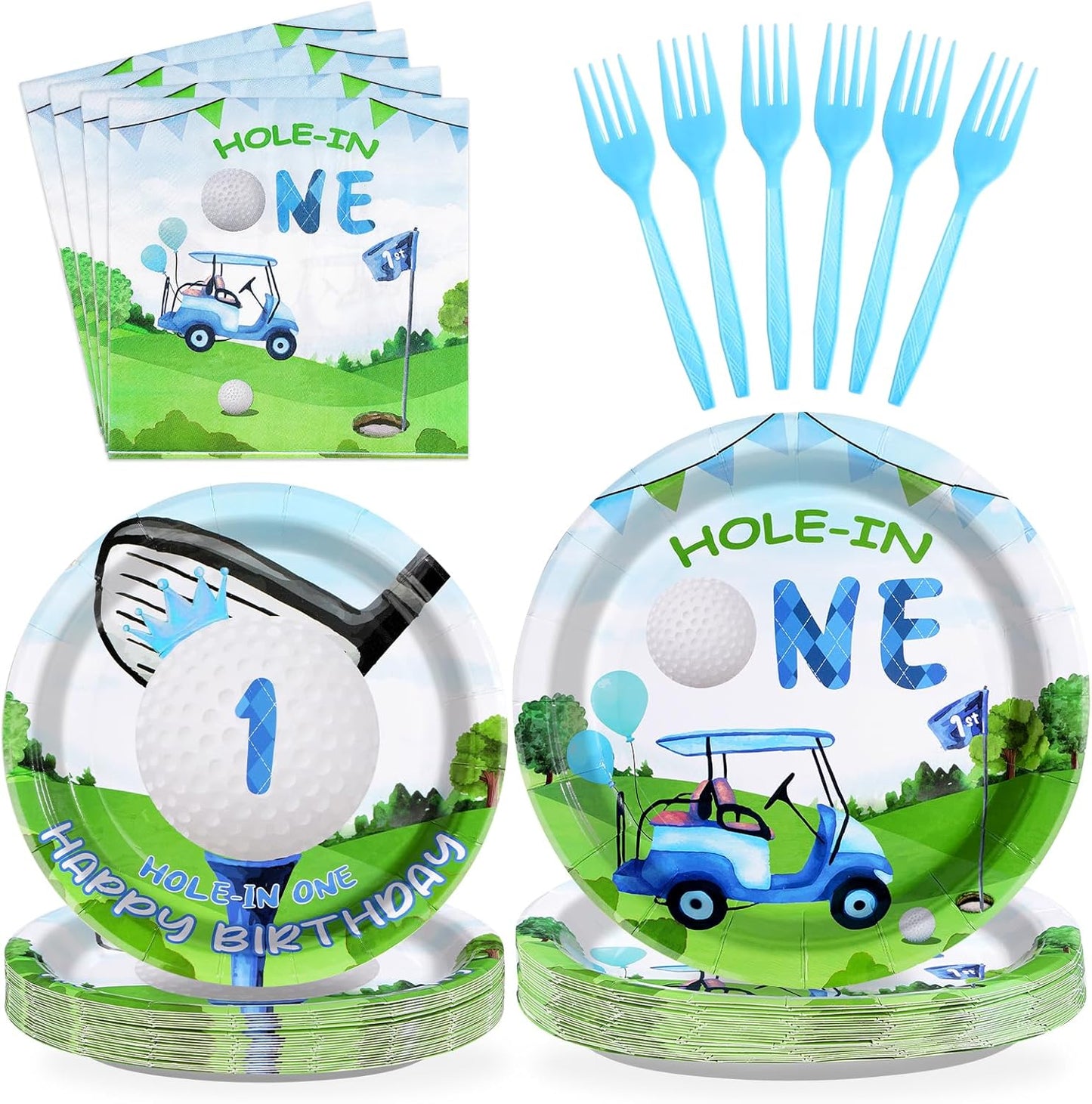 Grencian 96 Pcs Golf First Birthday Party Supplies Hole In One Plates and Napkins Forks Tableware Set for Kids Boys 1st Birthday Party Decorations Golf Ball Sport Game Club Serves 24