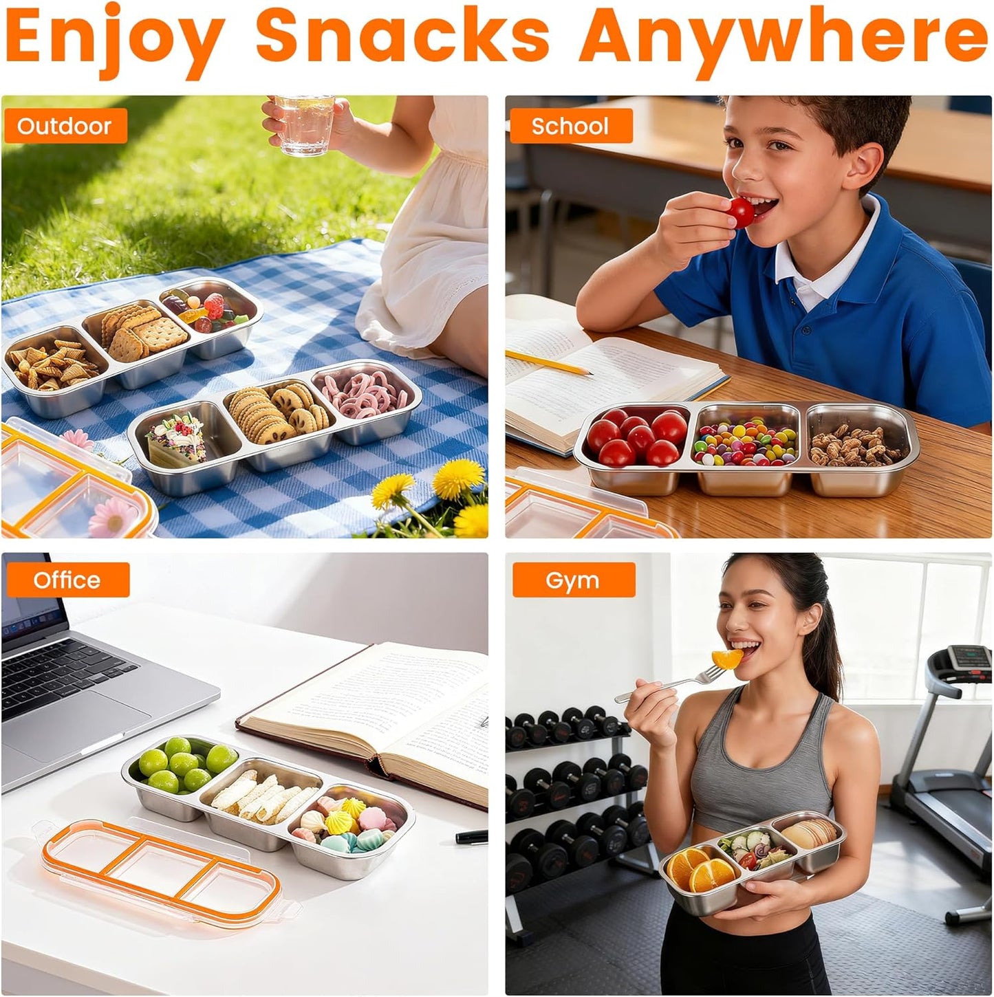 Bandesun Stainless Steel Snack Containers for kids, Leak Proof 3 Compartment Food Storage Containers with Lids, Reusable Stackable Lunch Box for Travel, School, Home, Travel 1Pack