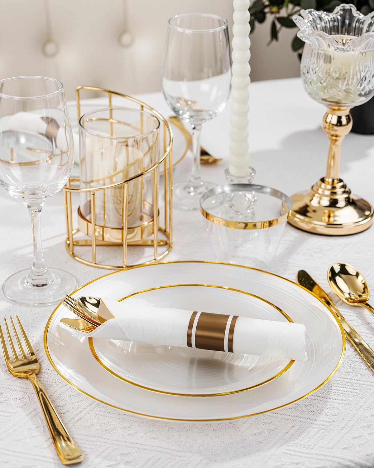 Morejoy 350PCS Pearl White and Gold Plastic Plates - Disposable Gold Party Plates & Pre Rolled Napkins with Cutlery for 50 Guests, 100Plates, 150Silverware, 50Cups, 50Napkin for Party & Thanksgiving