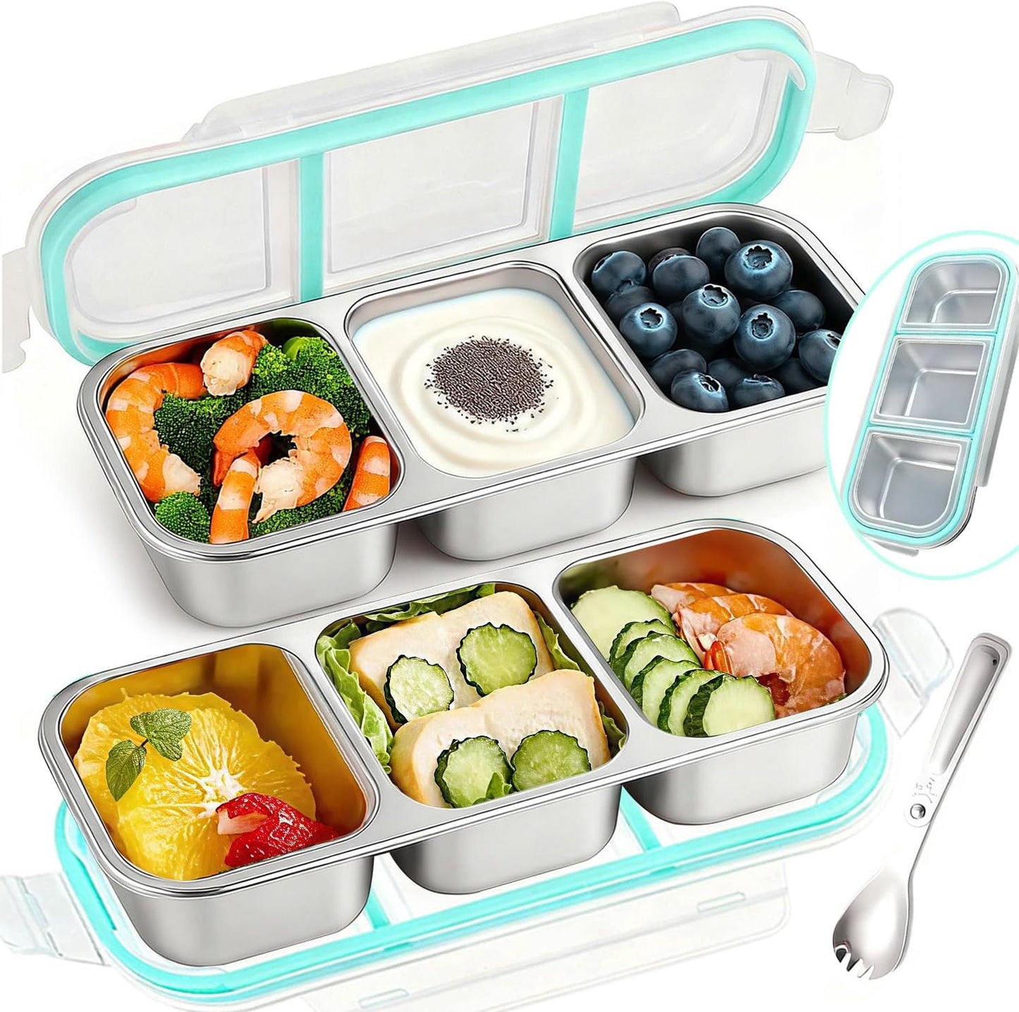 Food Storage Containers with Airtight Lid, Stainless Steel Snack Containers, Leak Proof Metal Lunchbox with Compartment and Spoon, Lunch Box Bento Box Adult for Office, Travel, Meal Prep