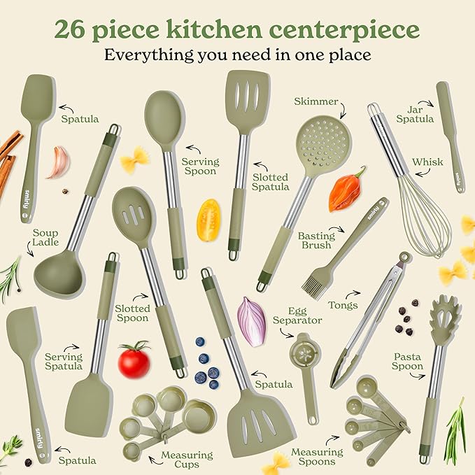 SMIRLY Kitchen Utensils Set, 26PCS Silicone Cooking Utensils Set, Spatula Set with Holder, Stainless Steel Kitchen Gadgets for Home and Kitchen