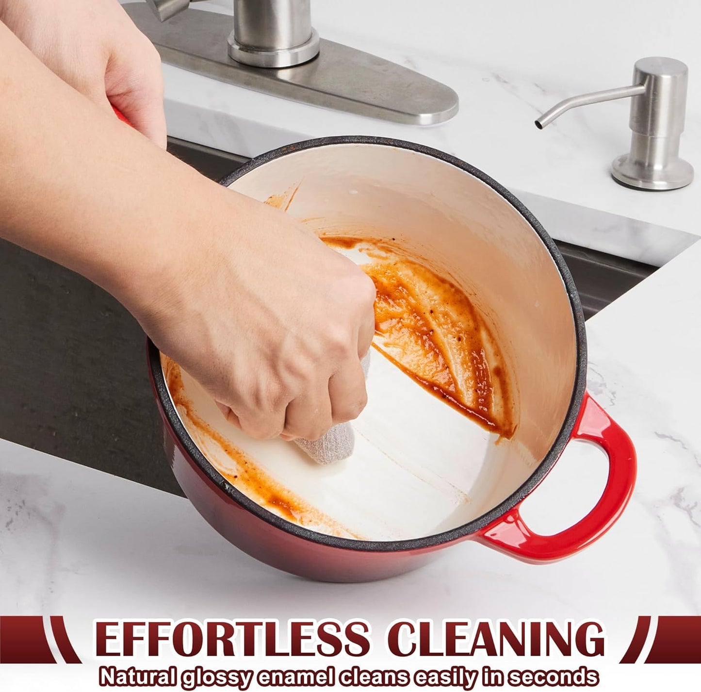 E-far Sauce Pan Set with Lid, 1Qt & 2Qt Enameled Cast Iron Pot Sets for Kitchen Cooking, Small Heavy Duty Dutch Oven Saucepans & Self-basting Lids, Induction-Ready & Easy Clean, Red