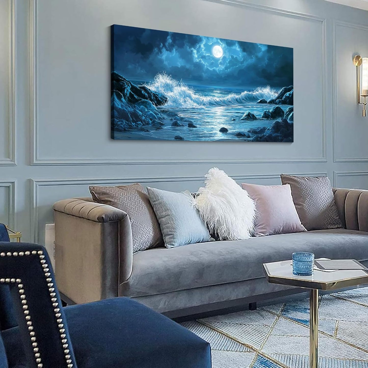 CHATYOUNG Blue Ocean Waves Landscape Wall Art, Beach Moon Sea Waves Night View Modern Canvas Wall Painting for Living Room Bedroom Office Bathroom Birthday Gift Home Decor 20x40 In
