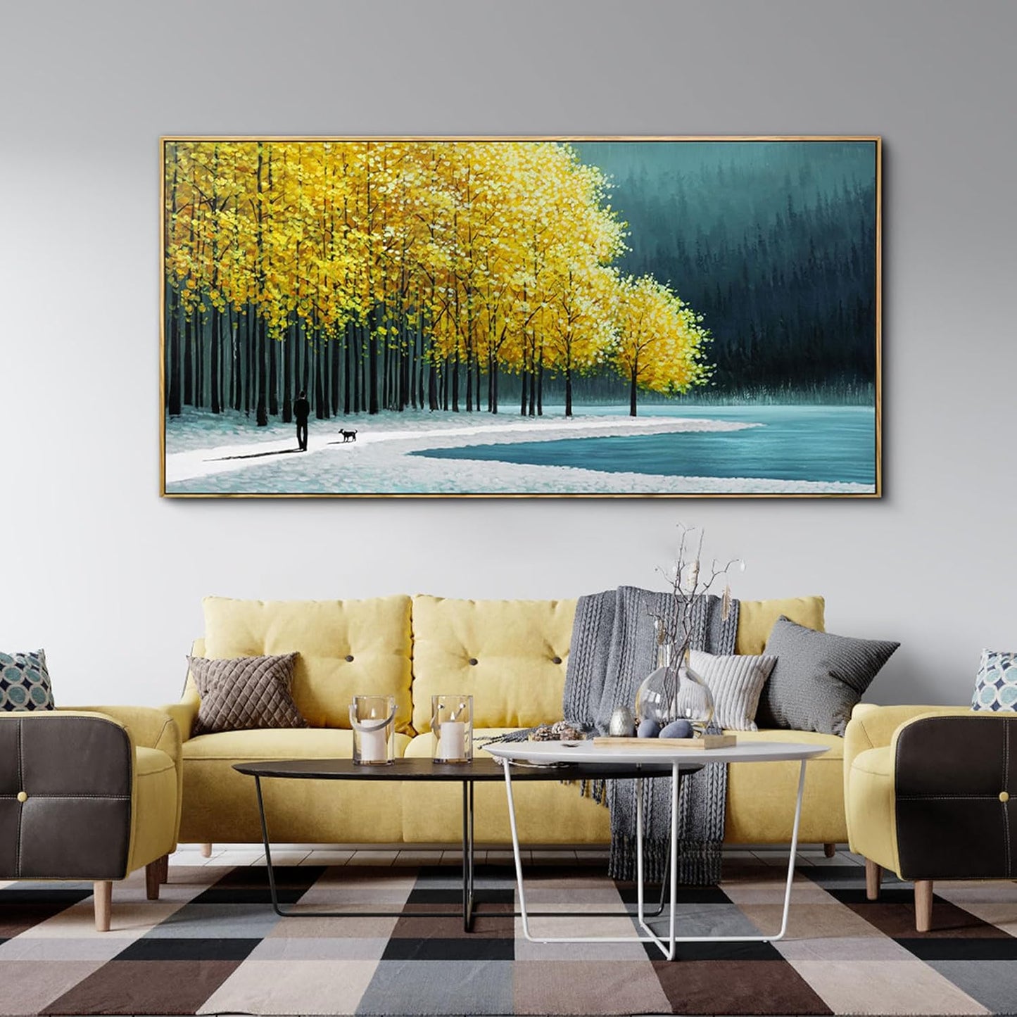 KLAKLA Large Wall Art - Yellow Bedroom Birch Tree Valley Snowy Forest Wild Lakes Landscape Canvas Pictures Wall Decoration for Living Room Office Home Decor - 48x24 Inches