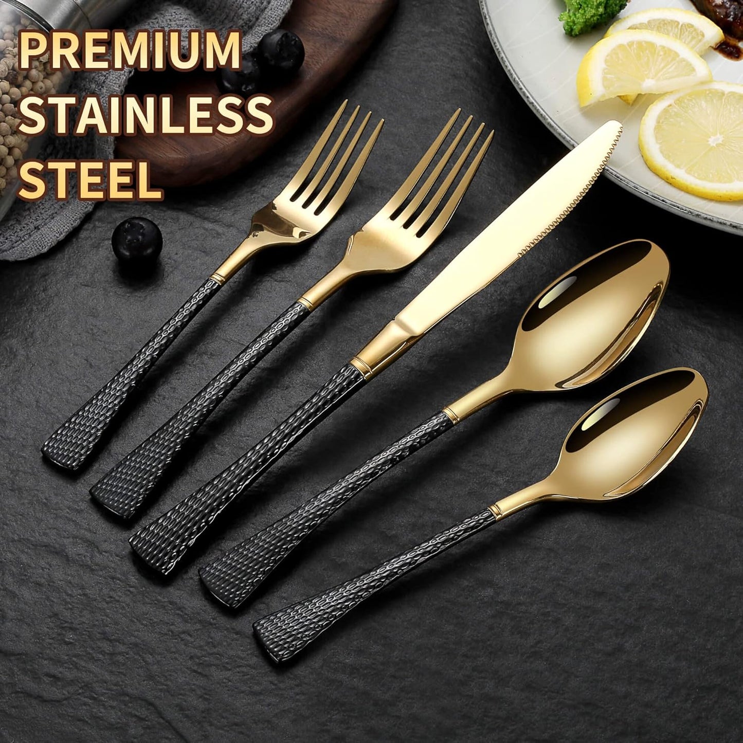 Lemeya Hammered Black Gold Silverware Set for 8,Stainless Steel 40-Piece Modern Cutlery Set,Mirror Polished Heavy Duty Flatware Set Utensil Set,Knives Spoons and Forks Set,Dishwasher Safe