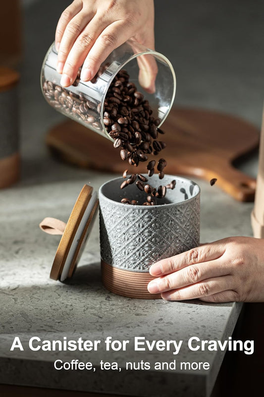 Ceramic Spice Jars with Lids, Coffee Canister with Airtight Lid, Small Kitchen Food Storage Jars for Spice Sugar Tea Bag, Stackable Decor Kitchen Jar for Counter - Gray & 20 fl.oz