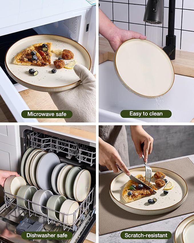 Famiware Star Dinnerware Set, Plates and Bowls Sets for 8 (24pcs), Ribbed Stoneware Dishes - Chip & Scratch Resistant, Microwave & Dishwasher Safe, Cream