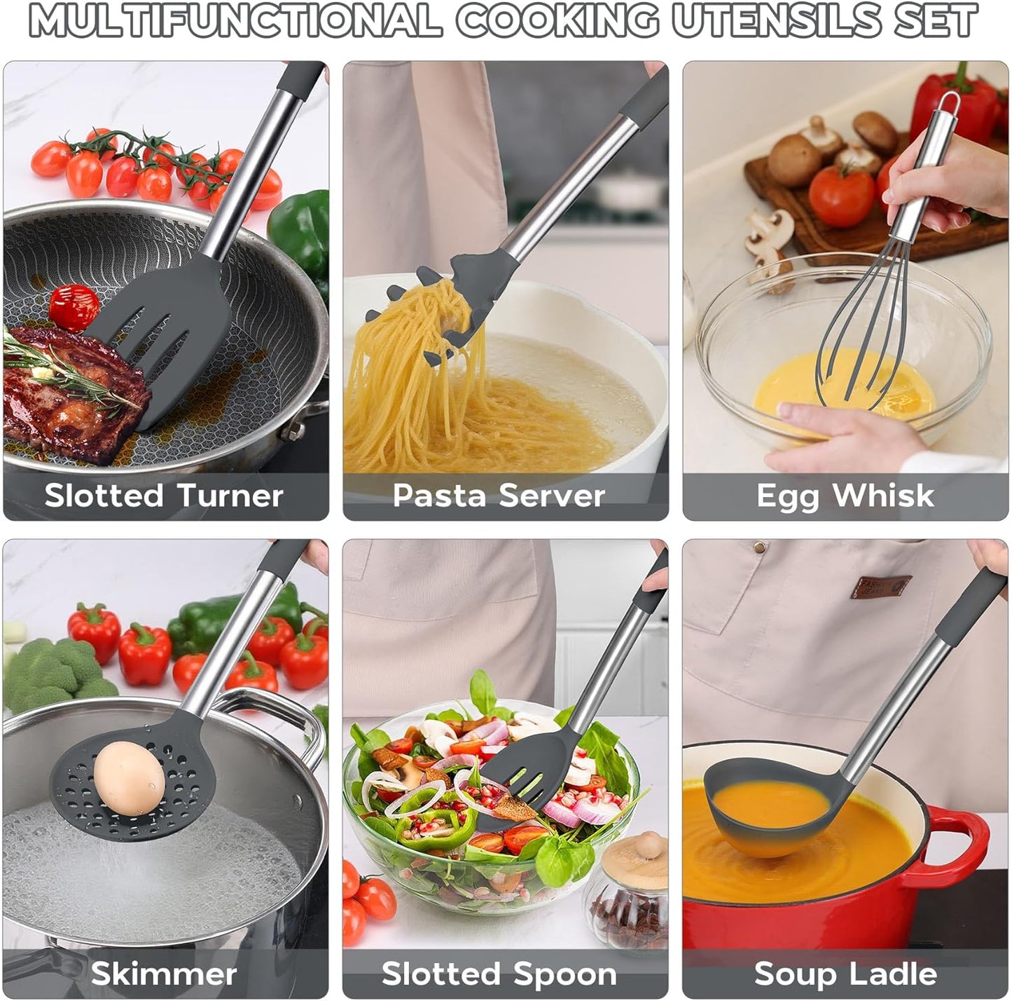 Onader Kitchen Cooking Utensils Set of 15, Silicone and Stainless Steel Utensils Spatula Set with Holder, Heat Resistant & Dishwasher Safe - Grey