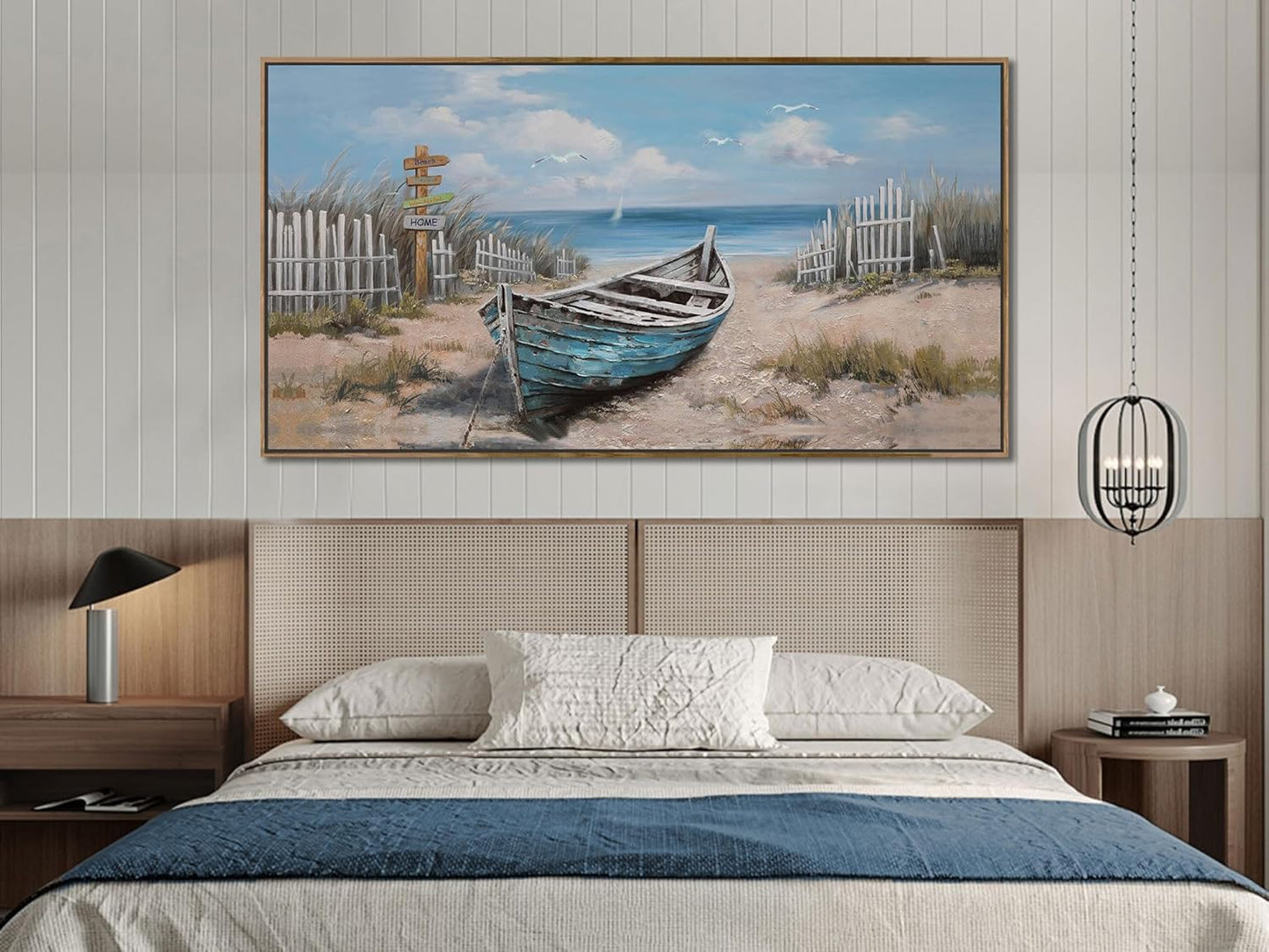 Ardemy Framed Canvas Wall Art Extra Large Boat Bedroom Pictures Wall Decor Living Room, Beach Seascape Paintings Wall Decor Textured Artwork for Kitchen Dining Room Home Office, 48"x24"