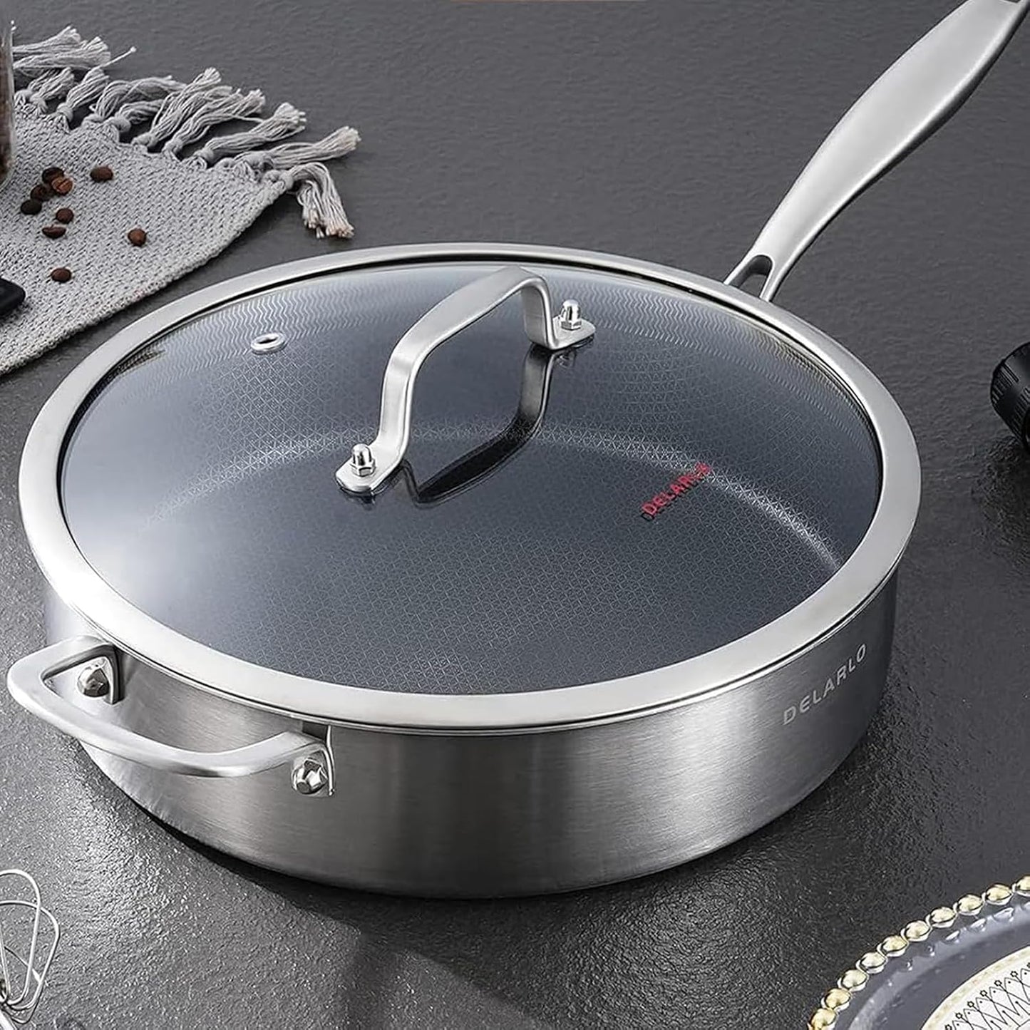 DELARLO Tri-Ply Stainless Steel 12 Inch Deep Frying Pan with lid,7QT Saute Pan Nonstick,Compatible with All Cooktops,Oven Up to 660℉,Chicken Fryer,Dishwasher-Friendly