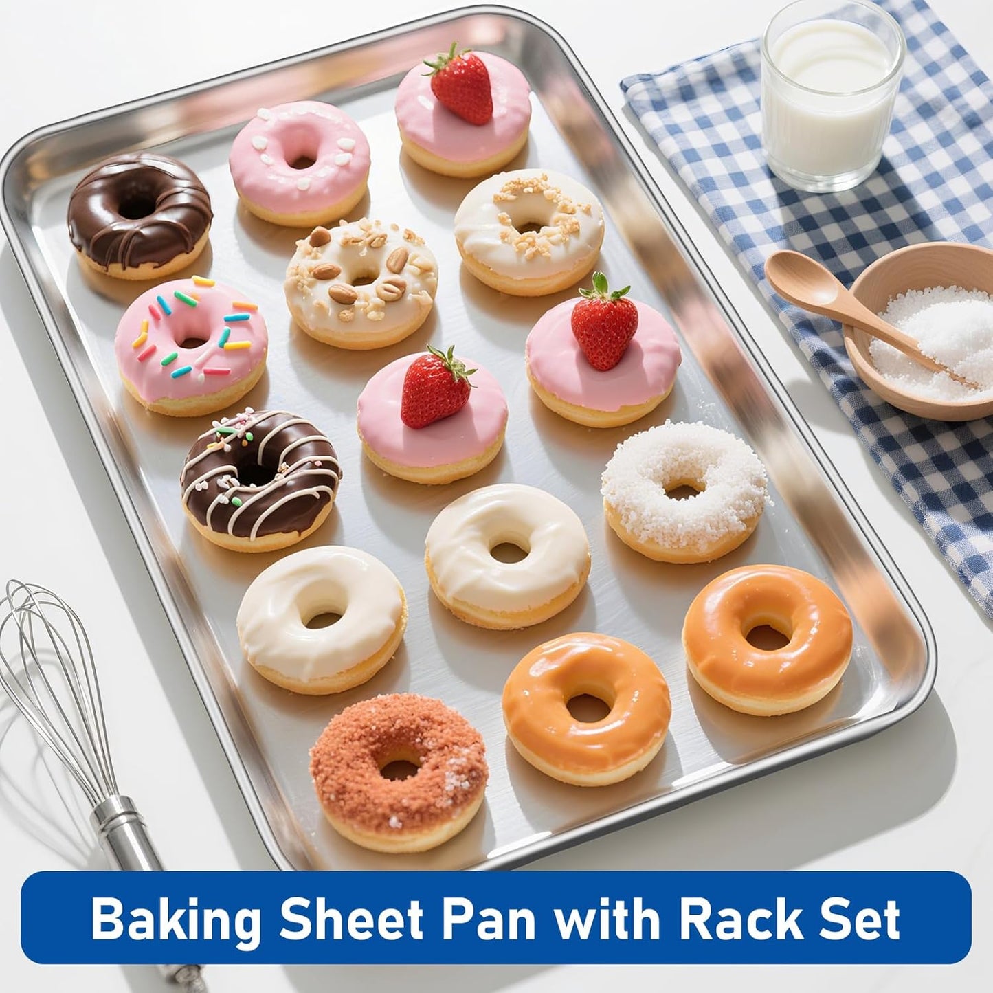 Baking Sheet with Rack Set,10.2 Inch Stainless Steel Baking Pan Tray Cookie Sheet with Cooling Racks,Nonstick Bacon Cookie Trays for Cooking Roasting,Dishwasher Safe,Heavy Duty & Easy Clean