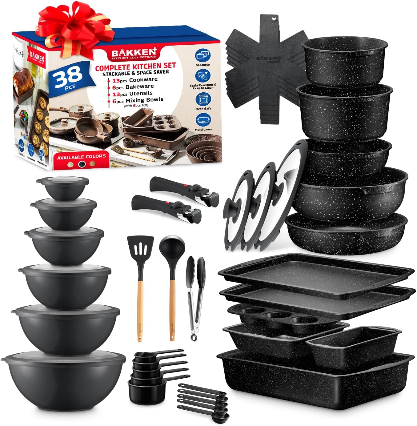 Bakken Master 38 Piece Granite Cookware & Bakeware Set – Nonstick Granite Coating, Pots and Pans with Detachable Handle and Tempered Glass Lids, 6-piece Bakeware set, 12-piece Mixing Bowls,Gray Marble
