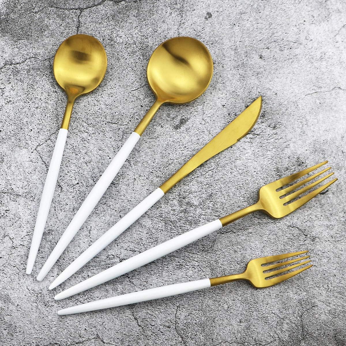 White Handle Matte Gold Silverware Set,Gugrida 5-Piece 18/10 Stainless Steel Satin Finish Flatware Set,Kitchen Utensil Set,Tableware Travel Cutlery Set for Camping Office Lunch, Dishwasher Safe