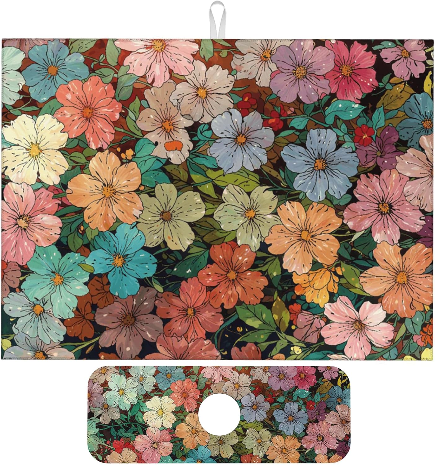 Colorful Wildflowers Dish Drying Mat for Kitchen Counter, 18"x24" Microfiber Absorbent Fast Dry Mat, 2Pcs Dish Mat Faucet Mats Sets, Large Drying Kitchen Mat Kitchen Drying Pad Coffee Bar Decor Gifts