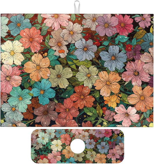 Colorful Wildflowers Dish Drying Mat for Kitchen Counter, 18"x24" Microfiber Absorbent Fast Dry Mat, 2Pcs Dish Mat Faucet Mats Sets, Large Drying Kitchen Mat Kitchen Drying Pad Coffee Bar Decor Gifts