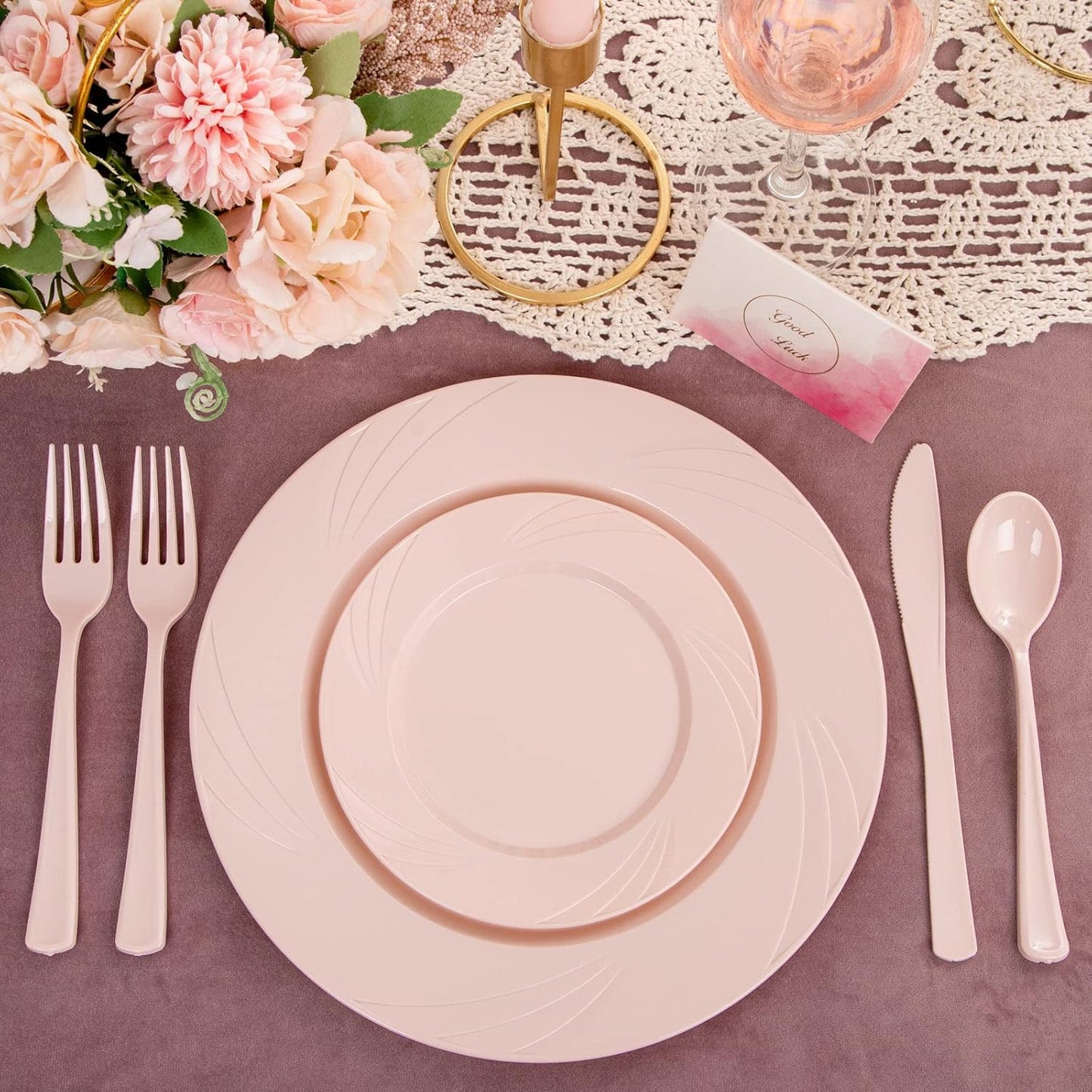 YOUBET 125PCS Pink Plastic Plates - Light Pink Birthday Plates Include 25 Dinner Plate, 25 Dessert Plate, 75 Silverware for Baby Shower & Birthday Parties