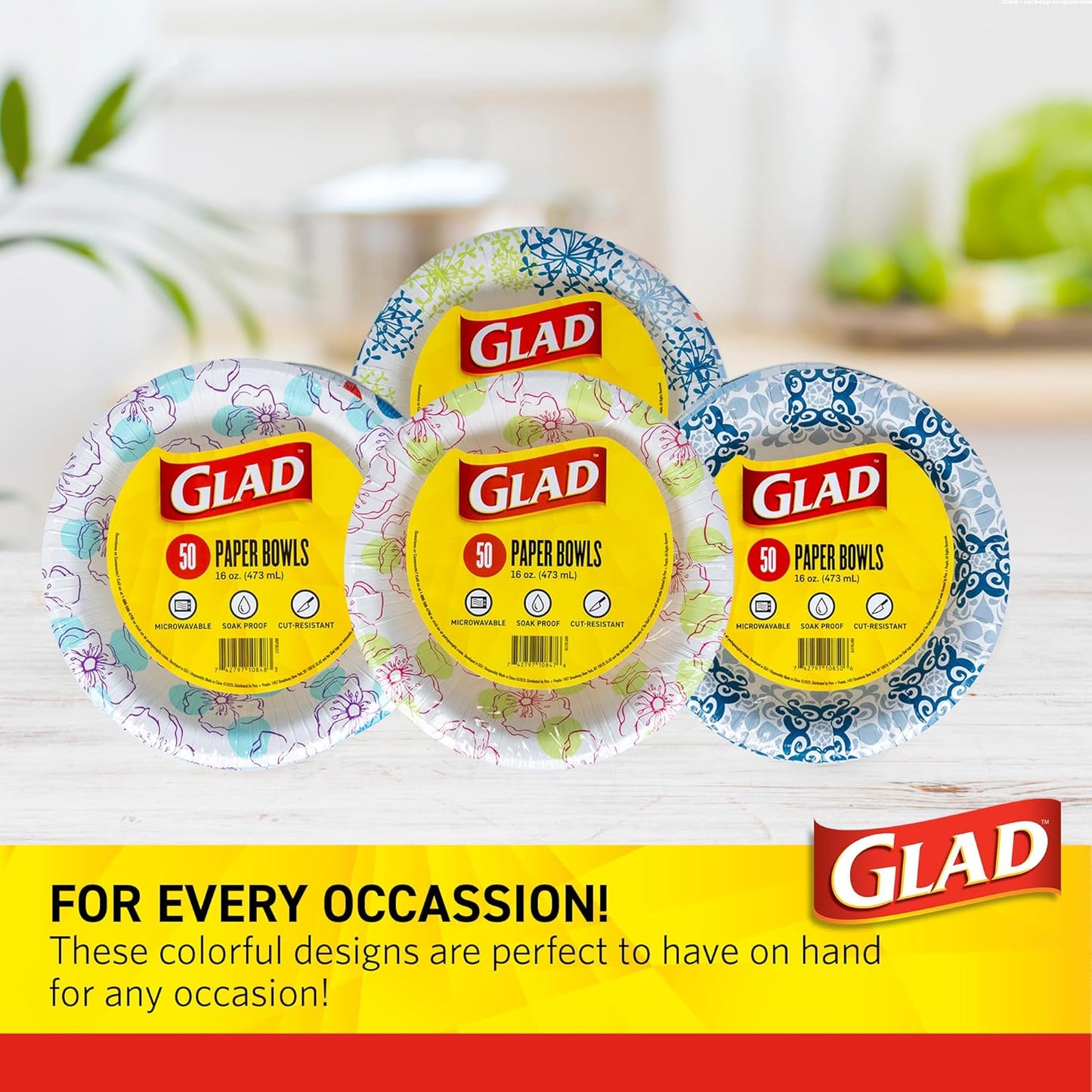 Glad Round Disposable Paper Bowls, Pink Flower Design - Heavy Duty, Soak Proof, Cut-Resistant, Microwavable Bowl for All Foods & Daily Use, 16 Oz, 50 Count