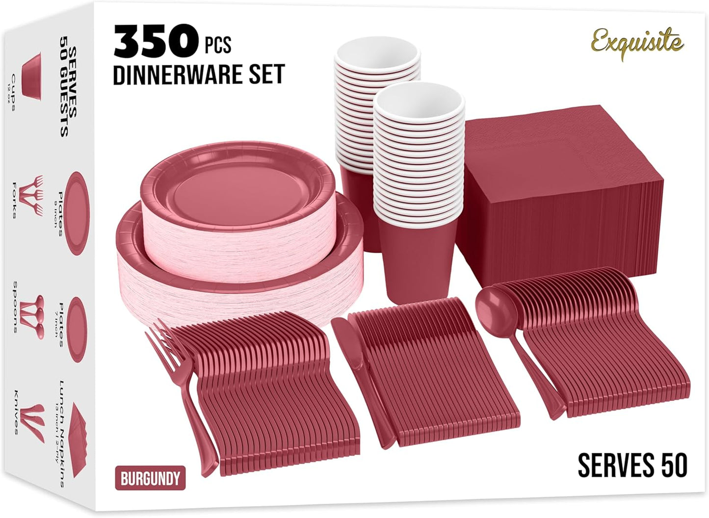 Exquisite 350 Pcs Burgundy Paper Plates For Party, Burgundy Disposable Plates Set, 50 Of Each 9" Dinner Plate Set, 7" Dessert Plate, Cups, Napkins & Cutlery Paper Dinnerware