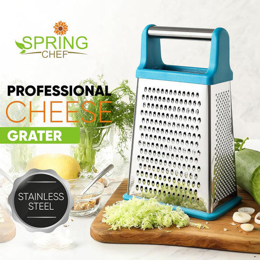 Spring Chef Handheld Stainless Steel XL Parmesan Cheese Grater with Handle - 4 Sided Metal Box Grater for Kitchen - Dishwasher Safe Potato Shredder for Hash Browns, Potato, Carrot, Vegetables - Teal