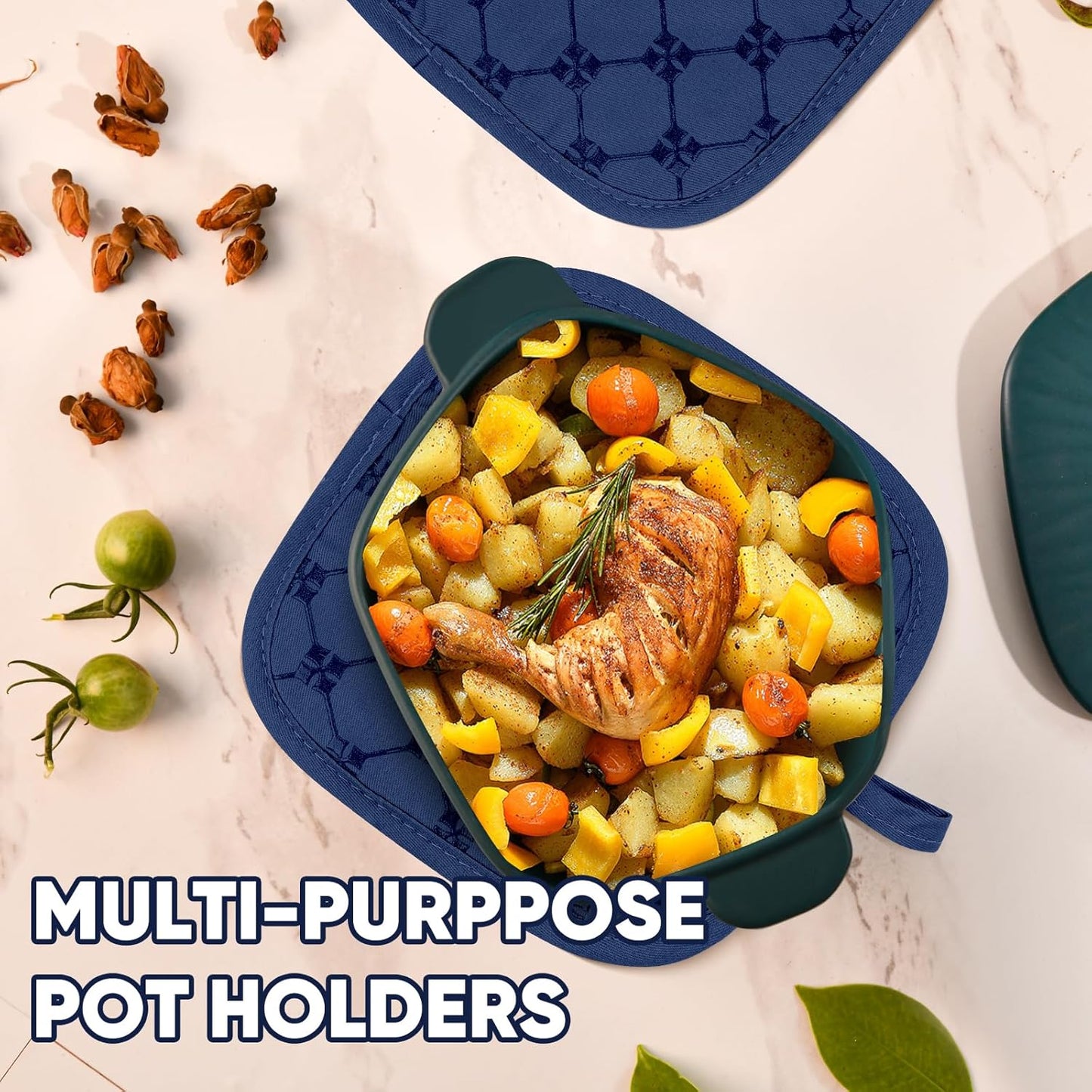 Oven Mitts Kitchen Towels Dishcloths with Pot Holders Sets 12PCS,Dish Towels Sets,Oven Gloves Pot Pads Heat Resistant 500 Degrees with Non-Slip Silicone Surface for Cooking Baking Grilling-Marine Blue