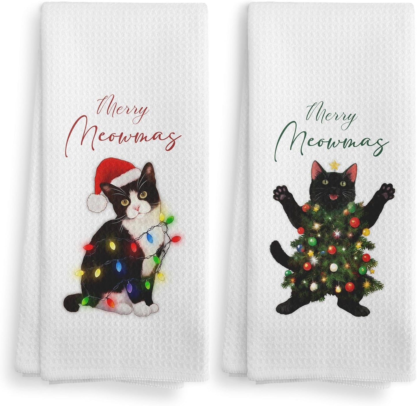 Black Cat Christmas Tree Lights Decor Kitchen Towels and Dishcloths Set of 2, Cat for Cat Lovers, Funny Cat Drying Cloth Hand Towels Tea Towels for Bathroom, 16×24 Inches